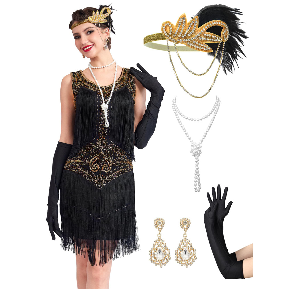 Women's Gatsby Flapper 1920s Retro Paisley Sequin Dress w Accessories Small
